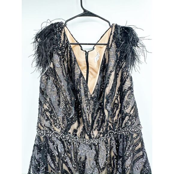 Mac Duggal 79339 Black Embellished Feather Cap Sleeve Midi Dress Size 18 New - Picture 4 of 9